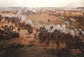 Painting shows many soldiers and cannons in the foreground.