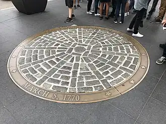 Marker commemorating the Boston Massacre, which occurred nearby, at the eastern end of the building