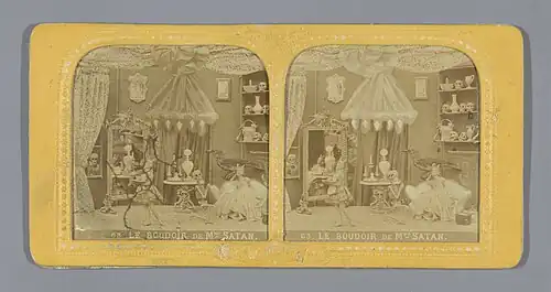 Sepia stereoview of an elaborate interior with skeletons and a horned figure serving a woman on a sofa, surrounded by ornate furnishings, drapery, and shelves of skulls and bottles
