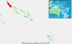 Map showing Bougainville island in red. A smaller map on the top right shows the location of the island relative to Australia and the Solomon Islands, Papua New Guinea, in the southwestern Pacific