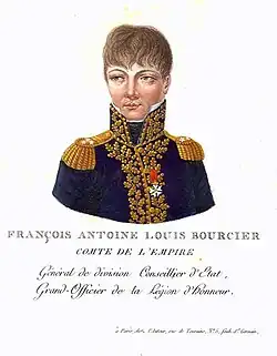 Colored print of a man in a dark blue uniform of the early 19th century. The label reads François Antoine Louis Bourcier.