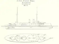 Line drawing for this type of ship; the vessel had three large gun turrets on the centerline and two thin smoke stacks.