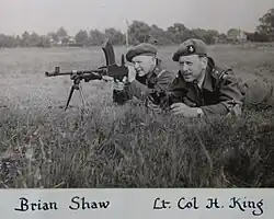 Shaw (left), 5th Battalion Sherwood Foresters at Bisley 1947, firing a Bren light machine gun. The 5th Battalion team won the 'China Cup', 'Velongdis Cup' and 'Lewis 9mm' cup at Bisley in 1947