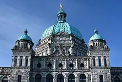 The Parliament Buildings roof with a gilded statue of George Vancouver