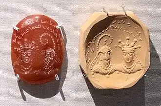 Seal with two facing busts and Sogdian inscription "Indamic, Queen of Zacanta", Kushano-Sasanian period, 300-350 CE. British Museum 119999.[13]