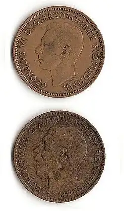 Pennies showing George V and George VI