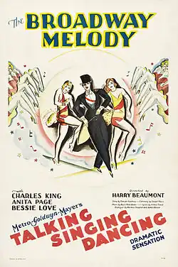 An illustrated poster with a man wearing a tuxedo and top hat dancing with two women in colorful stage costumes, surrounded by chorus lines kicking in unison.