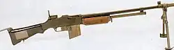 Browning Automatic Rifle M1918A2 shown in profile, with bipod mounted near the muzzle and a carrying handle on the barrel.