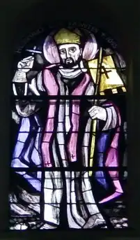 Saint Bruno of Würzburg in a stained glass window from the parish church of Liesing.