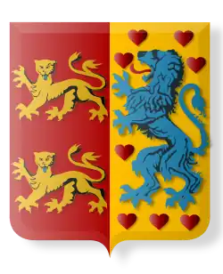 Shield divided per pale: a red field with two gold lions on the left, and a gold field with a blue lion surrounded by red hearts on the right.