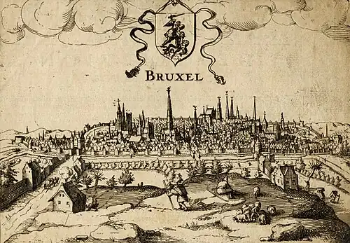 An engraving of Brussels showing the city's second walls, c. 1610