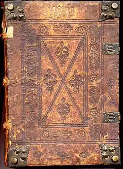 Image 9A 15th-century incunable. Notice the blind-tooled cover, corner bosses, and clasps. (from History of books)