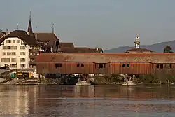 Büren with the historic wooden bridge spanning the Aare