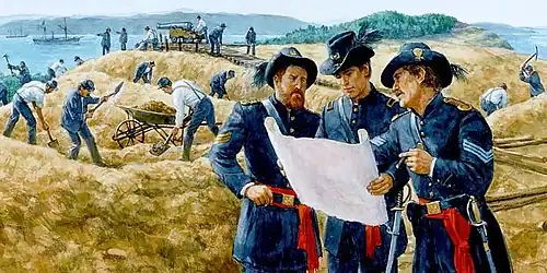 Image 54Watercolor of the United States Army building Robert's Redoubt under command of then 2nd Lt. Henry Martyn Robert (1837–1923), and then Captain George Pickett (1825–1875), on the off-shore San Juan Island in the San Juan Islands chain in the old federal Washington Territory (1853–1889), during the border dispute and skirmish of the so-called Pig War of 1859. (from History of Washington (state))