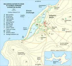 Topographic map of the St. Kliment Ohridski Base area featuring the chapel's old and new premises.