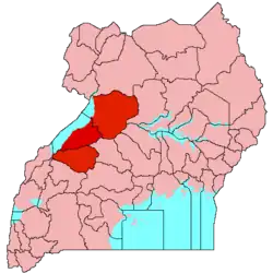 Location of Bunyoro (red) in Uganda (pink).