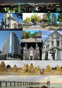 Top to bottom, left to right: View of Slaveikov district at night, Marine Casino Center in Burgas Sea Garden, A fountain in Tsaritsa Ioanna Square, View of Clock in Transportana shopping area, Panteona Complex Building, Bogoridi Street, Church of Sts. Cyril and Methodius, Burgas, Burgas Art Gallery, View of Burgas Sand Sculptures event in Sea Garden, The Pier at the Burgas Central Beach