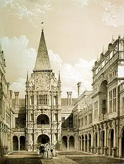 The courtyard as drawn by Joseph Nash in the 19th century, but with figures in Elizabethan costume