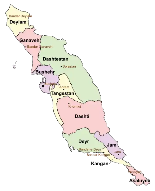 Location of Bushehr County in Bushehr province (left, purple)