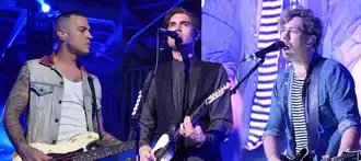Collage of Busted performing in 2016 (from left to right): Willis, Simpson, Bourne