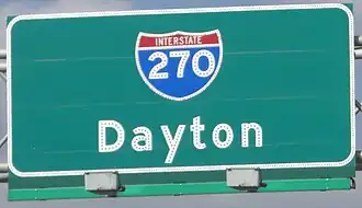 Button copy overhead sign on I-270 in Ohio, including button copy shield outline and numerals