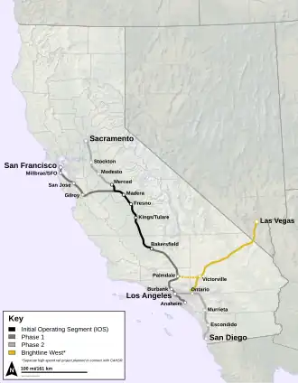 A map of CAHSR; the separate Brightline West is indicated in yellow