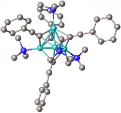Structure of the cluster formed from PhC≡CLi complexed to N,N,N′,N′-tetramethyl-1,6-diaminohexane (methylene groups omitted for clarity). Color key: turquoise = Li, blue = N.[7]