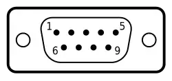 Pin numbering looking into a, male DE-9 connector.