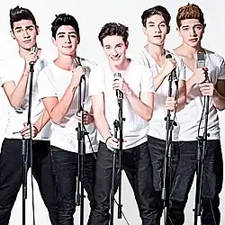 CD9 during a photoshoot in 2014. From left to right: Alan Navarro, Jos Canela (former member), Alonso Villalpando, Bryan Mouque and Freddy Leyva.