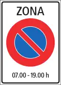 2.59.1e Start of area with generally applicable parking restrictions (here with applicable time constraints; Italian variant)