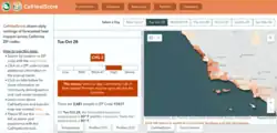 The right-most panels shows a map of the central coast with areas of elevated heat scores in organges and red. The central panel shows a CalHeatScore of 3 for the area within a selected zip code. The left most panel contains an explanation of how to use CalHeatScore
