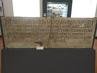 Inscription celebrating the restoration of the Baths of Spoletium, by order of Emperor Constantius II and caesar Julian, 355–360 AD (CIL XI, 4781)