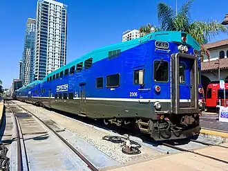 An NCTD Coaster Bombardier Bi-Level cab car in Santa Fe Depot