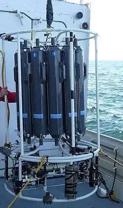 A CTD-rosette is ready for deployment. The top section holds the Niskin bottless while the bottom section holds the CTD instrument and other electronic sensors (such as a fluorometer to measure chlorophyll fluorescence and a transmissometer to measure turbidity).