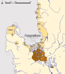 A map of Caboloan with Binalatongan (dark brown) and associate settlements (brown) during the 15th-16th centuries.