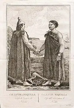 18th-century engraving showing two Indigenous men standing on a shoreline and clasping hands, with European ships visible in the background.
