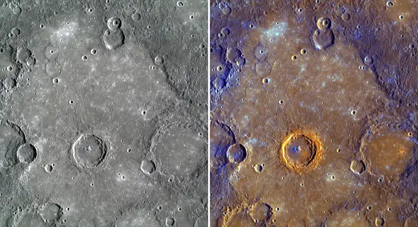 Calvino crater at center of each image. The left image was created by combining WAC images from three narrow-band color filters to approximate Mercury's color as it would be seen by the human eye. The right image used a statistical analysis of all 11 WAC filters to highlight subtle color differences on the surface.[3]