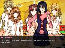 Illustration of five women drawn in an anime-style standing in front of a room. The bottom of the screen has text superimposed over the image. The text reads of a character named Ms.Aizawa saying "...and just give me one of her mansions, or at least an apartment..."