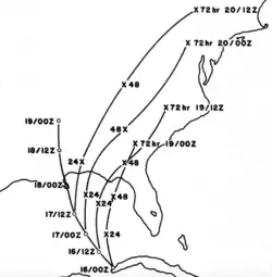 A map displays the National Hurricane Center forecasts and the actual track on a map
