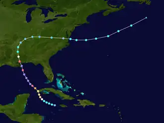 Map plotting the storm's track and intensity, according to the Saffir–Simpson scale