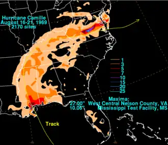 A map displays rainfall totals from Camille across the United States