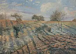 Hoarfrost: Old Road to Ennery, Pontoise; by Camille Pissarro; 1873; oil on canvas; 64.7 x 92.6&nbsp;cm; Musée d'Orsay (Paris)[225]