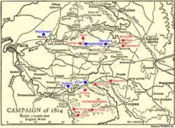 Black and yellow map of the Campaign of 1814 in 1:2,000,000 scale with troop positions added
