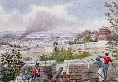 British bombardment of Canton from the surrounding heights, 29 May 1841. Watercolour painting by Edward H. Cree (1814–1901), Naval Surgeon to the Royal Navy