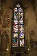 Window depicting the Appearance of the Angels, designed by Jacopo del Casentino and created by an unknown glazier, ca. 1321-1330. Originally located in the Velluti chapel; moved ca. 1945 to the Bardi chapel, where it is currently located.
