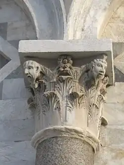 Capital of Corinthian form with anthropomorphised details, Pisa Campanile, Italy