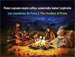 Warawara, Phaxsi, and family sit around a fire making atlatl darts