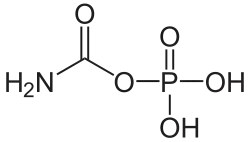 2D representation of the chemical structure of carbamoyl phosphate.