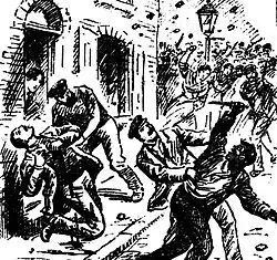 Contemporary print of police and rioters in a street. In the forground one is shown holding a knife, having just stabbed another man. A police officer grapples with him while another tends to the victim. The riots continue in the background.