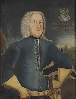A portrait painting of an 18th-century officer in a Carolean uniform.